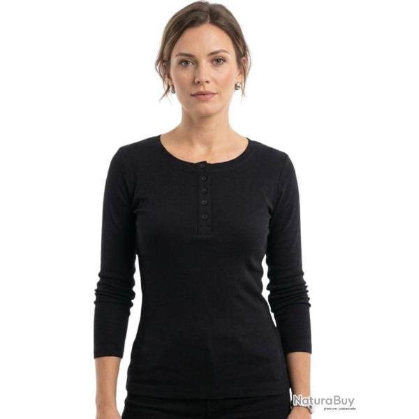 MAYFLOWER Tee shirt manches longues noir uni en viscose stretch avec col � 4 boutons