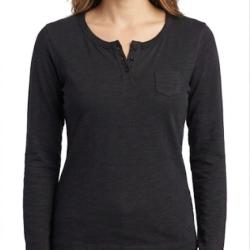 AXONE CHINA1N Tee shirt noir manches longues en coton flamm&eacute; avec col 3 boutons et poche poitrine