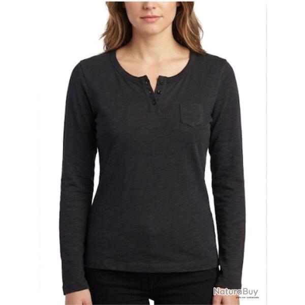 AXONE CHINA1N Tee shirt noir manches longues en coton flamm� avec col 3 boutons et poche poitrine