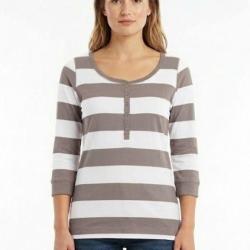 MAYFLOWER DOMINGO1 Tee shirt manches 3 4 beige en pur coton avec col boutonn&eacute;