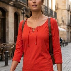 MAYFLOWER DOUGLAS1 Tee shirt manches 3 4 en maille flamm&eacute;e avec col &agrave; lacets