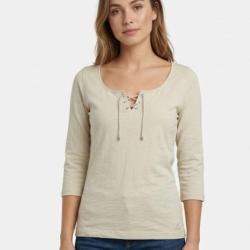 MAYFLOWER DOUGLAS2 Tee shirt beige manches 3 4 en maille flamm&eacute;e et col V &agrave; lacets