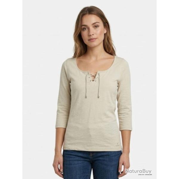 MAYFLOWER DOUGLAS2 Tee shirt beige manches 3 4 en maille flamm�e et col V � lacets