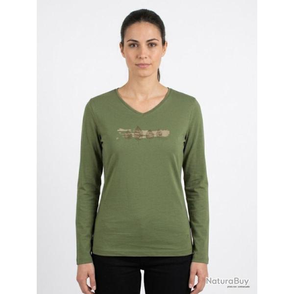 Mayflower NERVAL4 Tee shirt femme manches longues vert olive avec petit col V