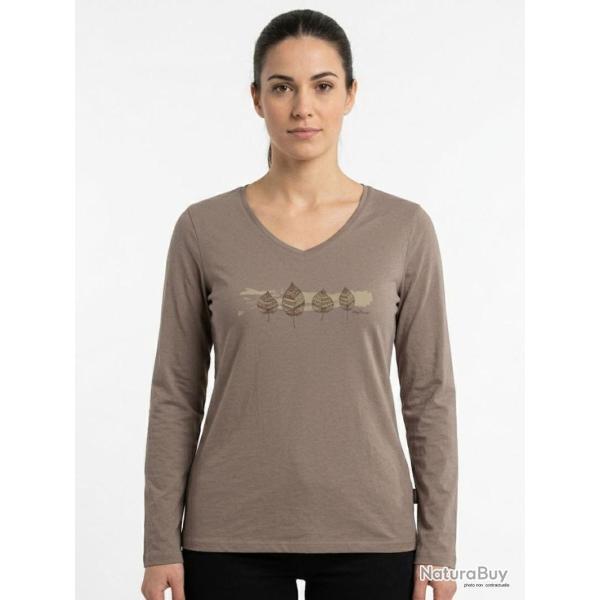 Mayflower NERVAL5 Tee shirt femme manches longues beige en coton avec petit col V