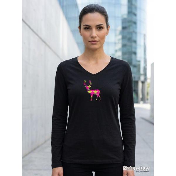 Mayflower NICO2 Tee shirt manches longues noir en coton avec s�rigraphie motif cerf