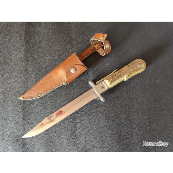 Couteau chasse pliant � la d'Estaing LE LOUIS D'OR �tui cuir cerf 1960