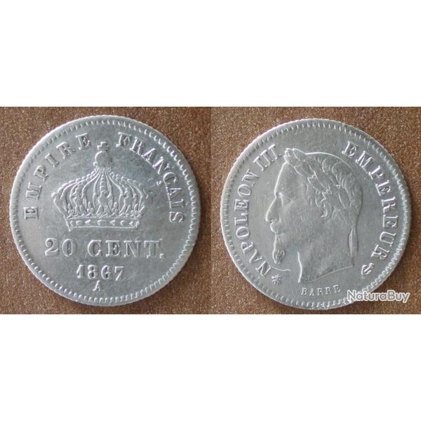 France 20 Centimes 1867 Atelier A Paris Piece Argent Napoleon Centime De Francs