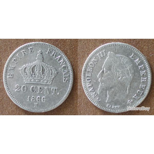France 20 Centimes 1866 Atelier K Bordeaux Piece Argent Napoleon Centime De Francs Cent