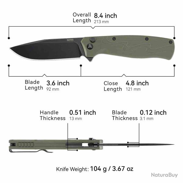 Couteau SRM 221X-GP Lame Acier 14C28N Satin Manche G10 Vert Olive Button Lock SRM221XGP