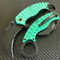 Couteau Karambit Semi Automatic Lame Karambit Claw Acier 440C Black Serr Manche Turquoise Aluminium