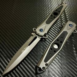 Couteau Semi Automatique ElitEdge Silver Needle Lame Dague Acier 440 Manche Acier/G10 Linerlock