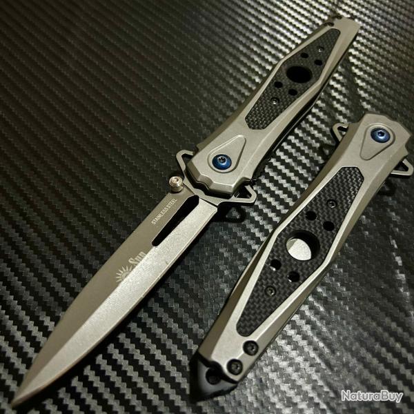 Couteau Semi Automatique ElitEdge Silver Needle Lame Dague Acier 440 Manche Acier/G10 Linerlock