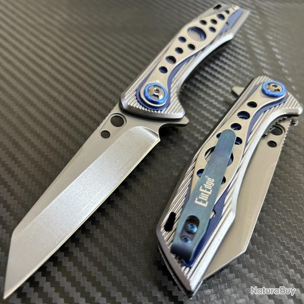 Couteau Semi-Automatique Blue Camping | Lame Drop Point Acier Inox Black | Manche Aluminum Blue