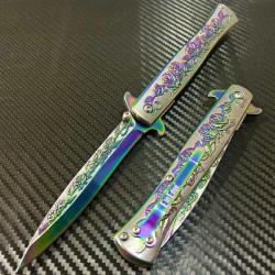 Couteau A/O Blue Rose 3D | Lame Needle Point Acier 440 Blue Titanium | Manche Acier Relief 3D