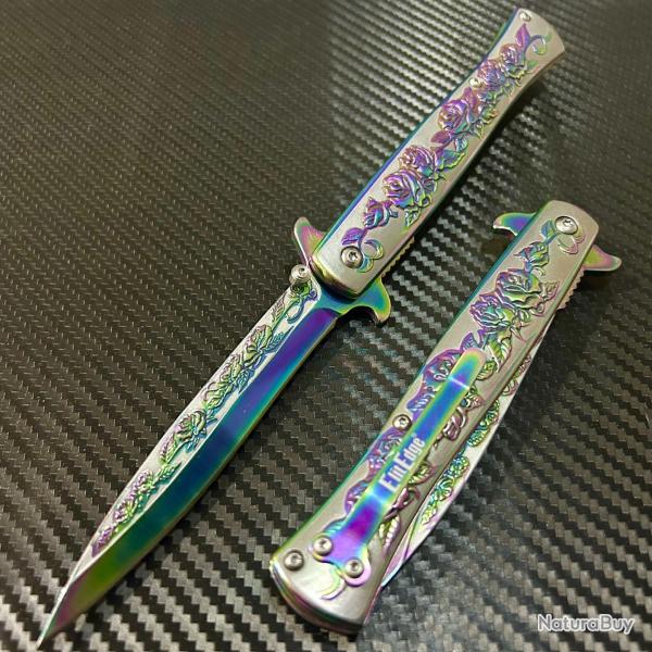 Couteau A/O Blue Rose 3D | Lame Needle Point Acier 440 Blue Titanium | Manche Acier Relief 3D