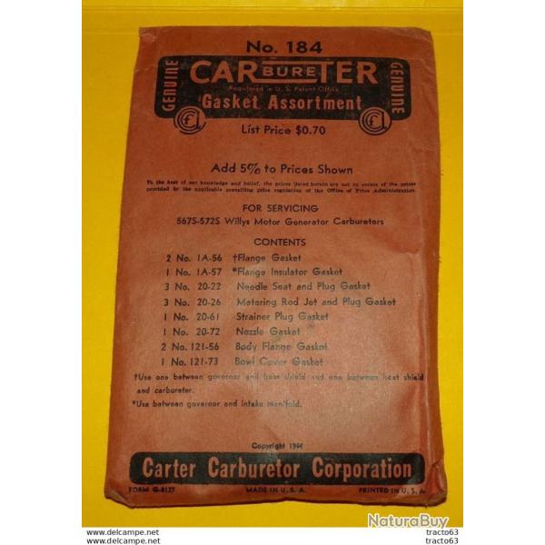 ARMEE AMERICAINE U.S : POCHETTE CARbureTER , 1944 WWII , GASKET ASSORTMENT , FABRICATION CARTER CARB