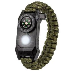 Bracelet Survie Paracorde SOS Lampe LED Boussole Sifflet Corde Vert Urgence Randonn&eacute;e Camping