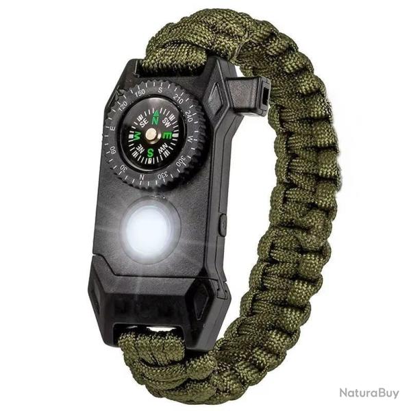 Bracelet Survie Paracorde SOS Lampe LED Boussole Sifflet Corde Vert Urgence Randonn�e Camping