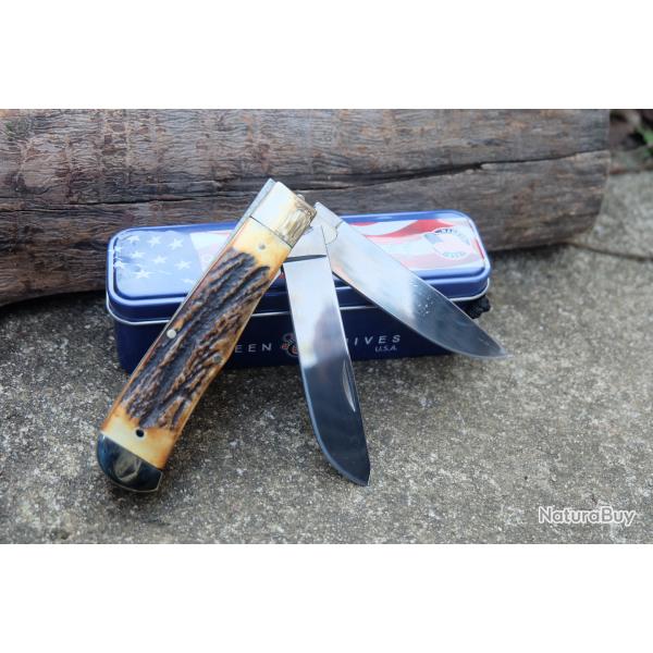 Couteau Queen USA Trapper 2 Lames Acier Carbone 1095 Manche Corne Daim Boite M�tal Made USA