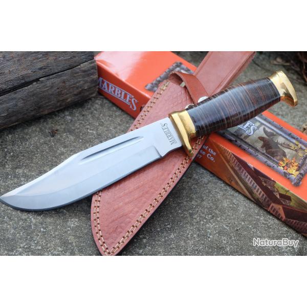 Poignard Bowie Couteau Crocodile Dundee Lame Acier Carbone Manche Cuir Etui Cuir Marbles 556