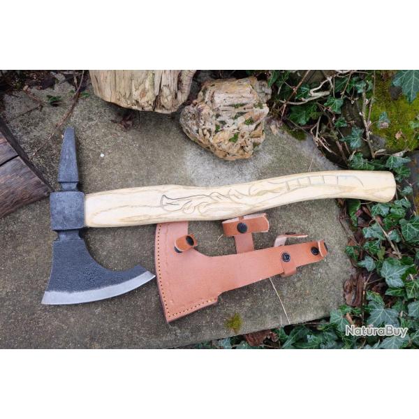 Belle Hache Tomahawk Style Am�rindien Lame Acier Carbone 1055 Manche Bois Etui Cuir Fab Artisanale