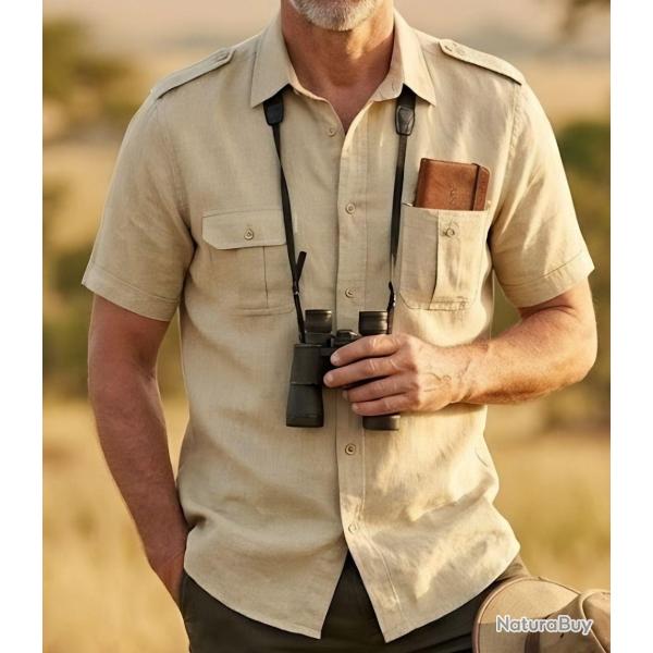 MAYFLOWER MAY DAY : Chemisette homme beige style safari en lin et coton 43/44