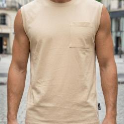 CHALLENGER F106 Tee shirt sans manches pour homme en pur coton beige camel avec poche poitrine