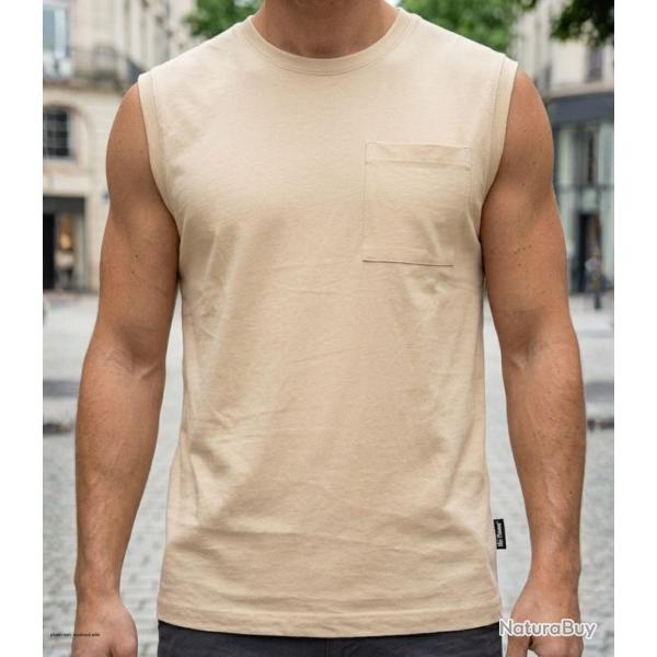 CHALLENGER F106 Tee shirt sans manches pour homme en pur coton beige camel avec poche poitrine