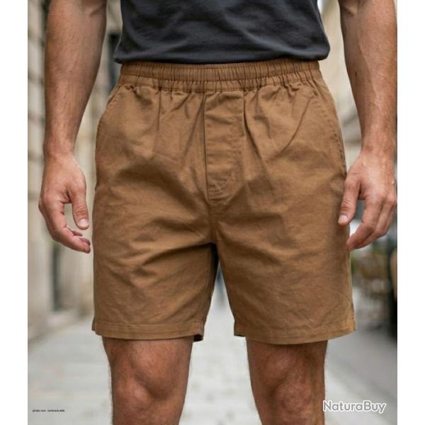 Short homme CHALLENGER BIVOUAC3 camel marron le confort absolu du pur coton � taille �lastiqu�e