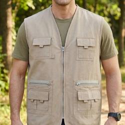 CHALLENGER GALET1 Gilet sans manches multipoches beige robustesse en coton twill et praticit&eacute; outdoo