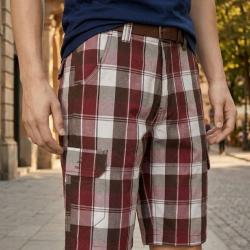 Bermuda homme WINCHESTER ILLOWA3 chocolat et bordeaux le short cargo &agrave; carreaux en pur coton
