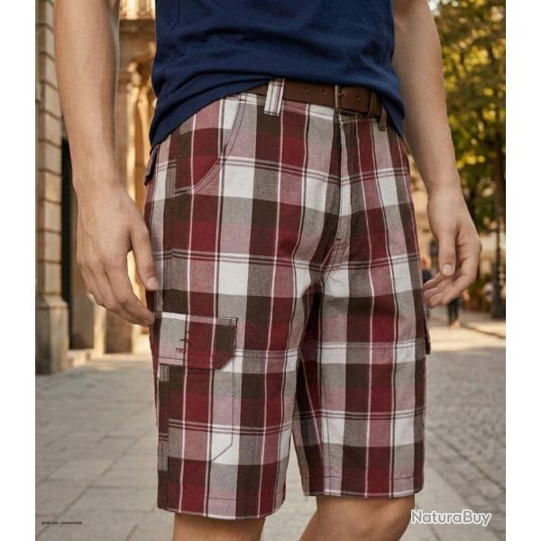Bermuda homme WINCHESTER ILLOWA3 chocolat et bordeaux le short cargo � carreaux en pur coton
