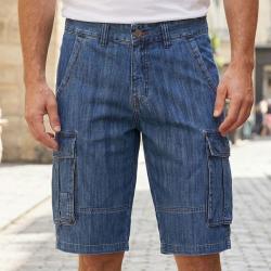 WINCHESTER INDIGO1 Bermuda en jean homme bleu stone en coton style cargo d&eacute;contract&eacute;