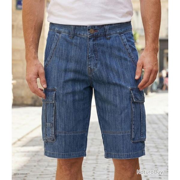 WINCHESTER INDIGO1 Bermuda en jean homme bleu stone en coton style cargo d�contract�
