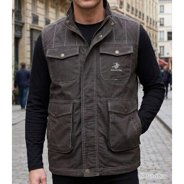 WINCHESTER JUMPER1B Gilet sans manches multipoches en coton marron imprim� pour homme