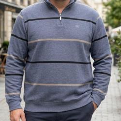 CHALLENGER PORTO1 -- Sweat col camionneur &agrave; rayures gris : confort et style au quotidien 2XL