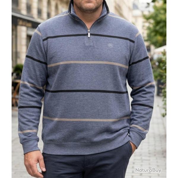 CHALLENGER PORTO1 -- Sweat col camionneur � rayures gris : confort et style au quotidien 2XL