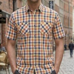 Chemise manches courtes Winchester Topeka1 en coton &agrave; carreaux Corail et Bleu