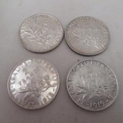 Superbe en lot 4 pieces d'argent 2 francs semeuse une de 1916 deux de 1918 et 1919 - &eacute;tat  sup ++