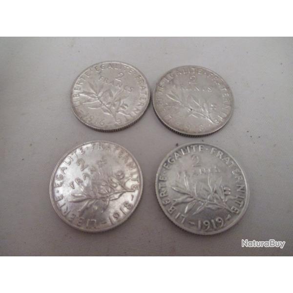 Superbe en lot 4 pieces d'argent 2 francs semeuse une de 1916 deux de 1918 et 1919 - �tat  sup ++