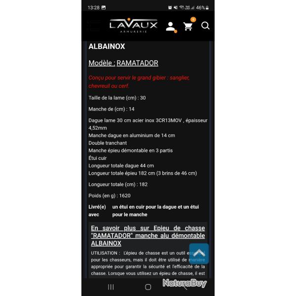 �pieu de chasse ALBAINOX RAMATADOR - D�montable 3 brins - 182 cm