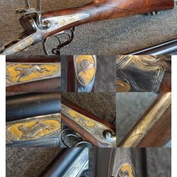 Fusil juxtapos&eacute; Li&eacute;gois calibre 16 &agrave; broche de luxe enti&egrave;rement grav&eacute; de sc&egrave;ne d'animaux et dor&eacute;