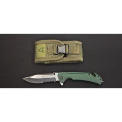 K25 - 25235 - Couteau tactique manche G10 vert lame dent&eacute;e 9 cm avec coupe-ceinture