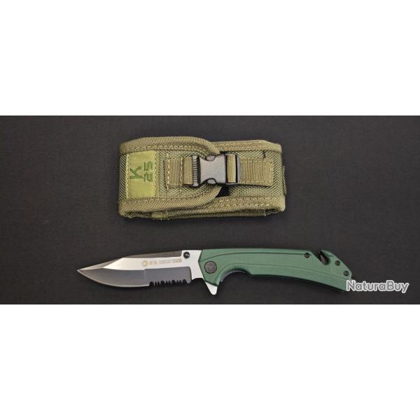 K25 - 25235 - Couteau tactique manche G10 vert lame dent�e 9 cm avec coupe-ceinture
