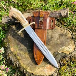 dague de chasse d'artisan / bois de cerf / fourreau et porte fourreau en cuir  ( 2 )