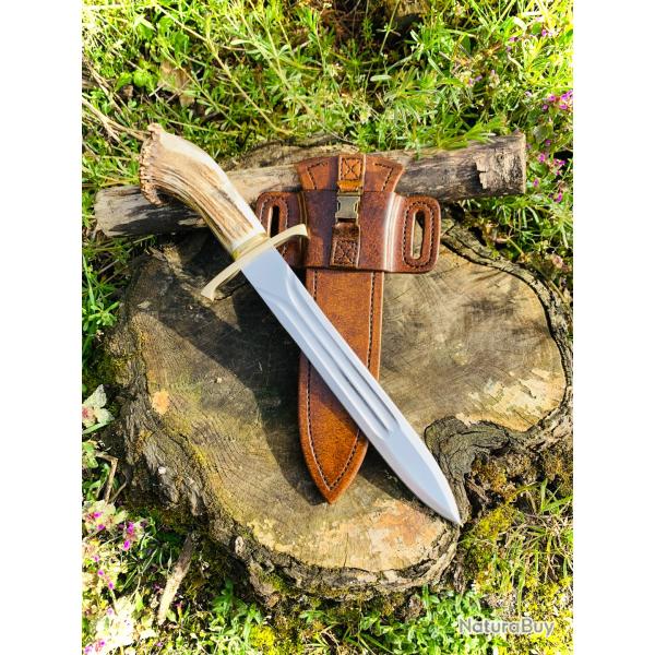 dague de chasse d'artisan / bois de cerf / fourreau et porte fourreau en cuir  ( 2 )