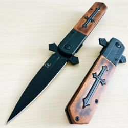 Couteau Dague Semi Automatique St Jean de Compostelle Lame Acier 440C Manche Bois Linerlock