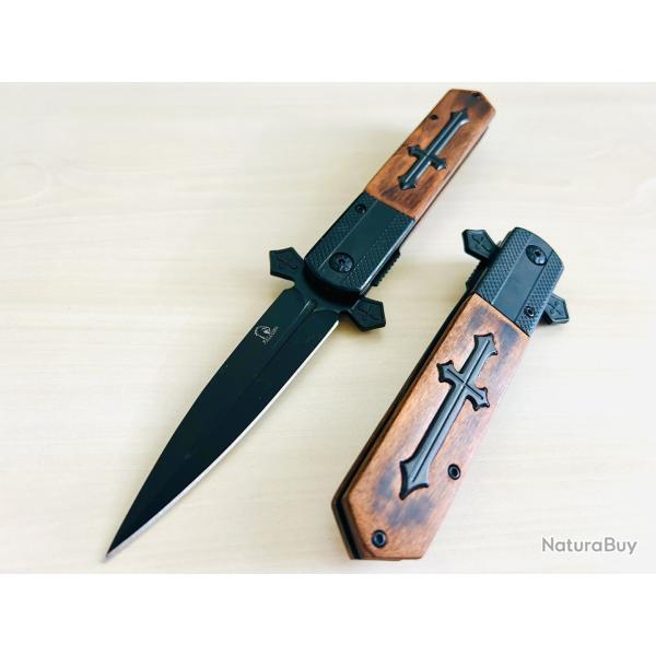 Couteau Dague Semi Automatique St Jean de Compostelle Lame Acier 440C Manche Bois Linerlock