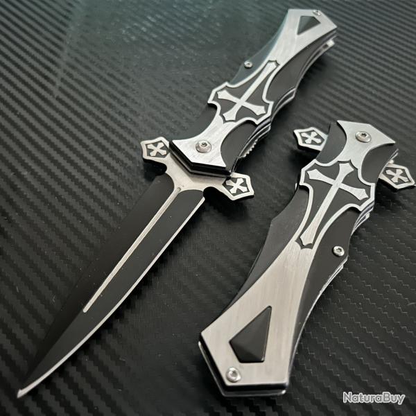 Couteau Biker A/O Crusader Cross Lame Spear Point Acier 440 Black Manche Relief Croix Crois�
